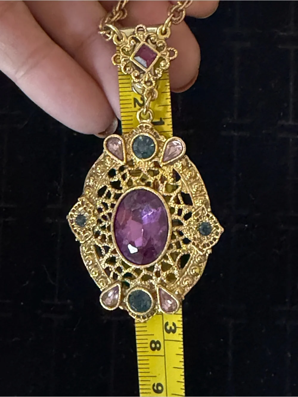 Vintage 1928 Jewelry Co Amethyst Purple Rhinestone Filigree Pendant Necklace